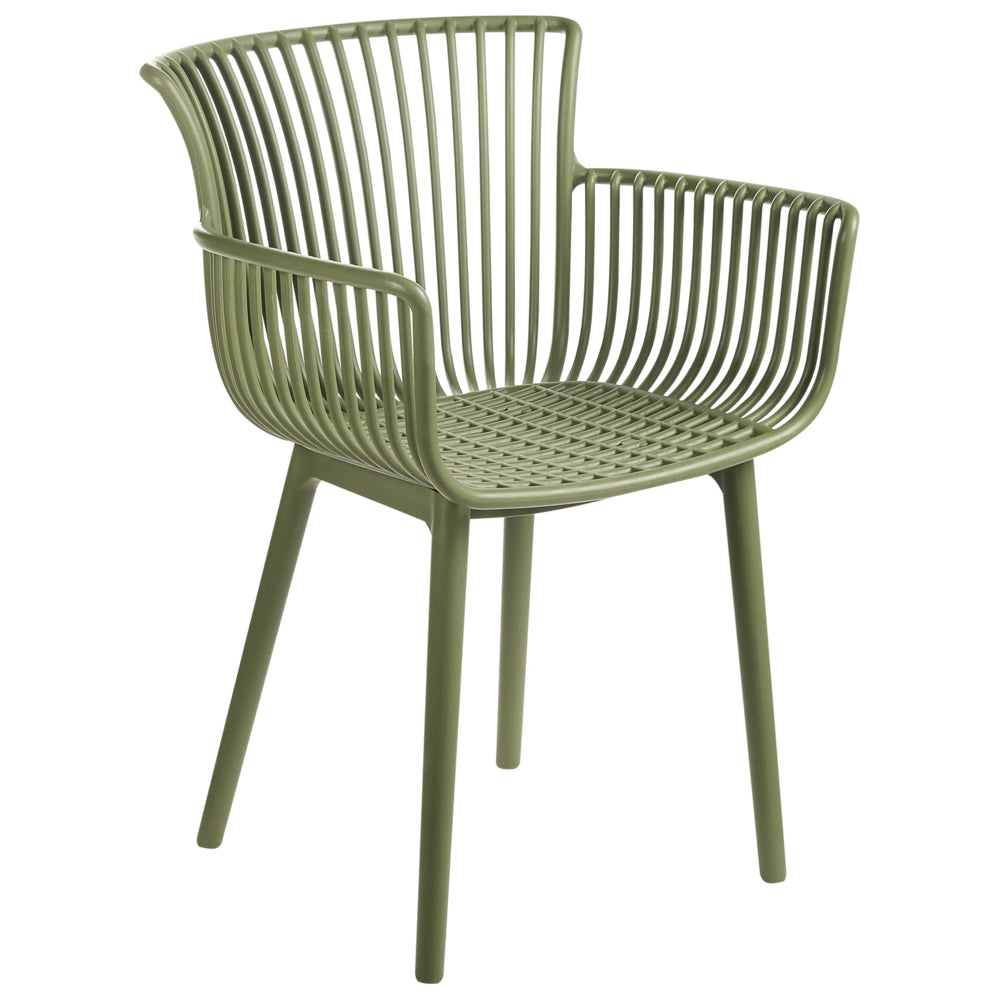 Set di 4 sedie da pranzo in plastica verde per interni ed esterni da giardino con braccioli in stile minimalista
