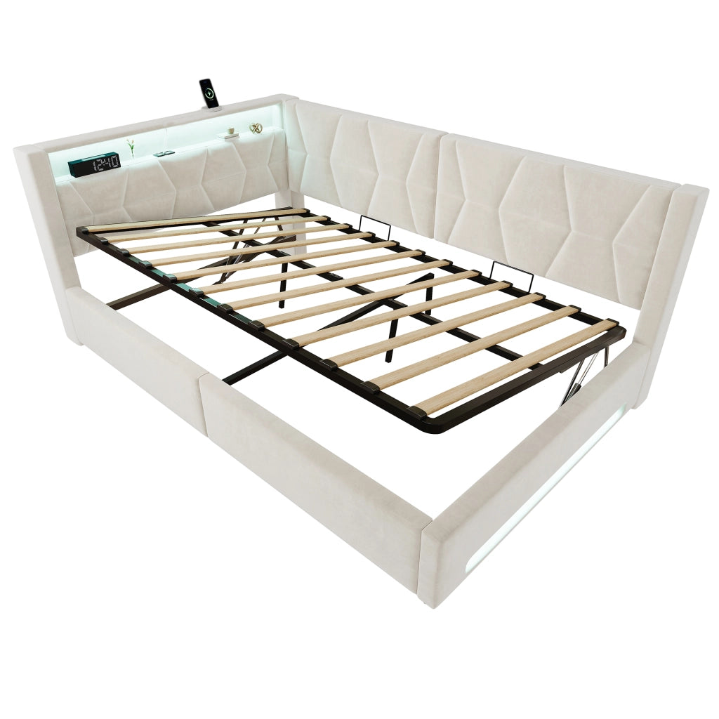 Letto imbottito 140x200 cm con contenitore; LED; USB e Type-C in velluto beige