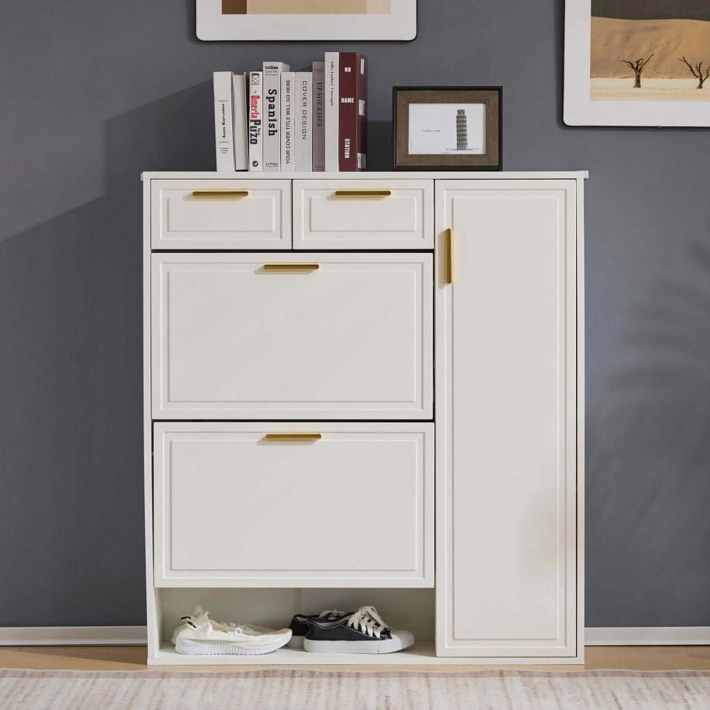 Scarpiera bianca con cassetti, ante e ripiani regolabili 95x24x107,5 cm