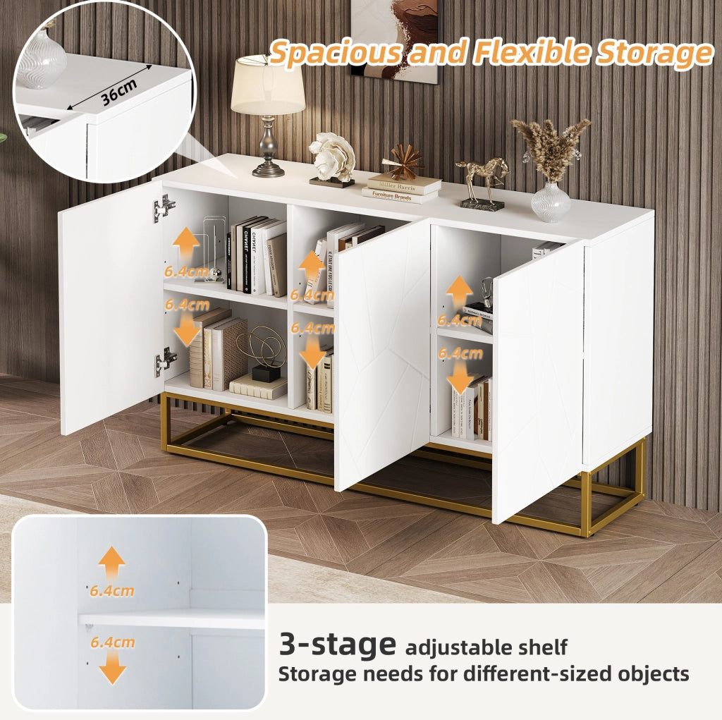 Credenza moderna 130 cm con 3 ante; ante lucide; ripiani regolabili; bianco oro