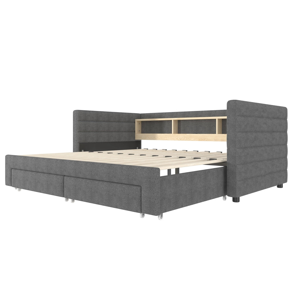 OKWISH Letto a Scomparsa 90×190 cm, Letto Singolo con USB, Tipo C, 2 Cassetti, Vani e LED, senza Materasso, in Velluto, Grigio