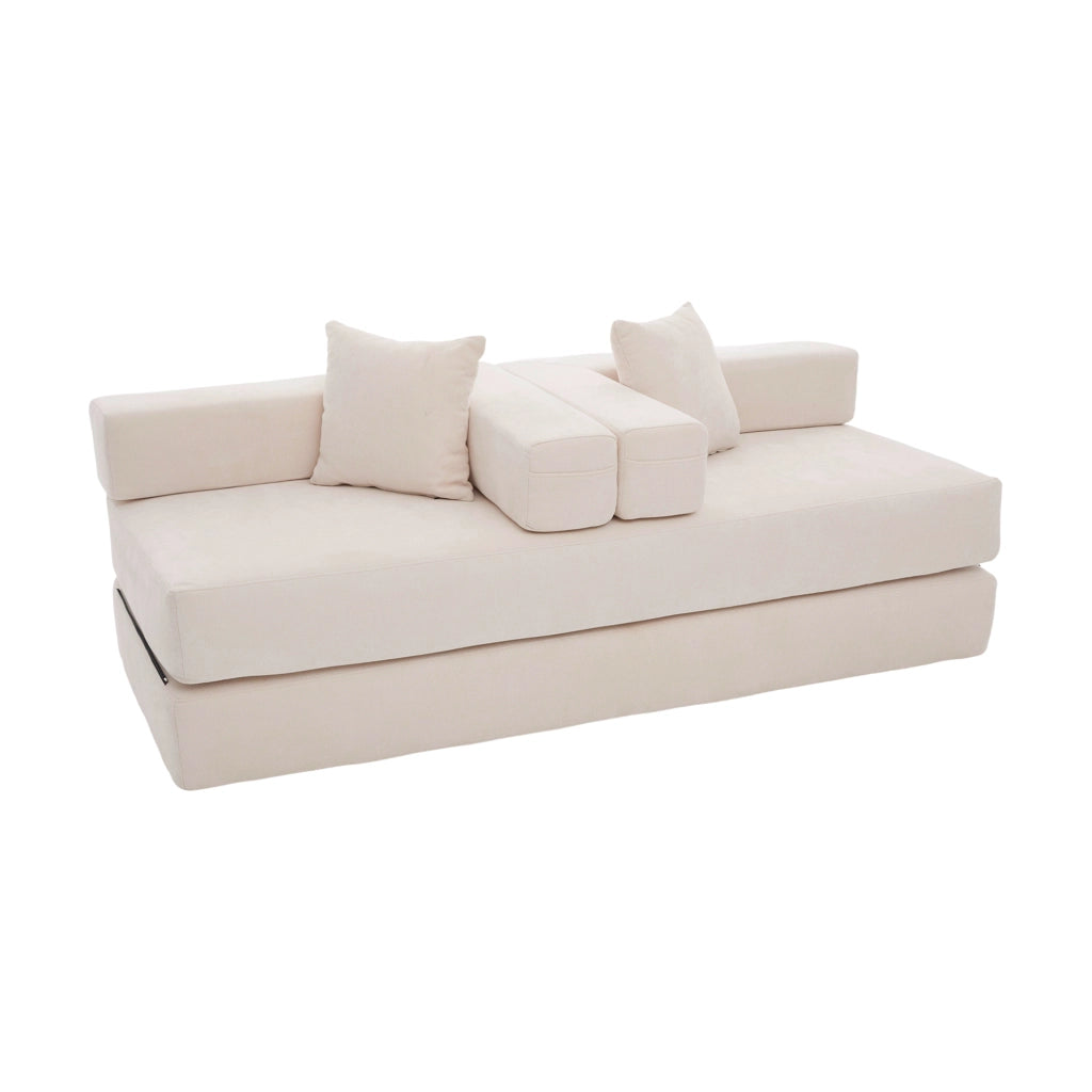 divano modulare in chenille con tasche laterali e base antiscivolo; beige