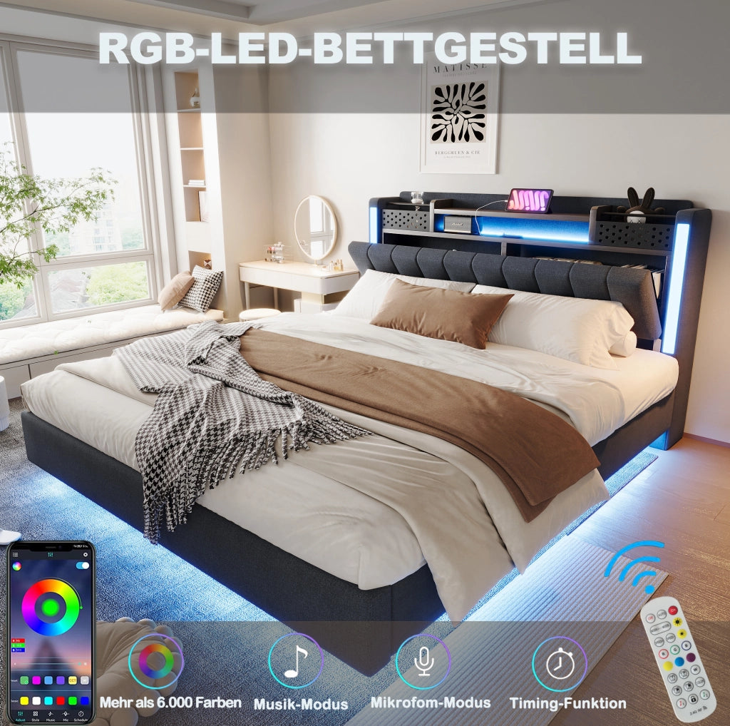 Letto imbottito 160x200 cm grigio con LED, USB e testiera