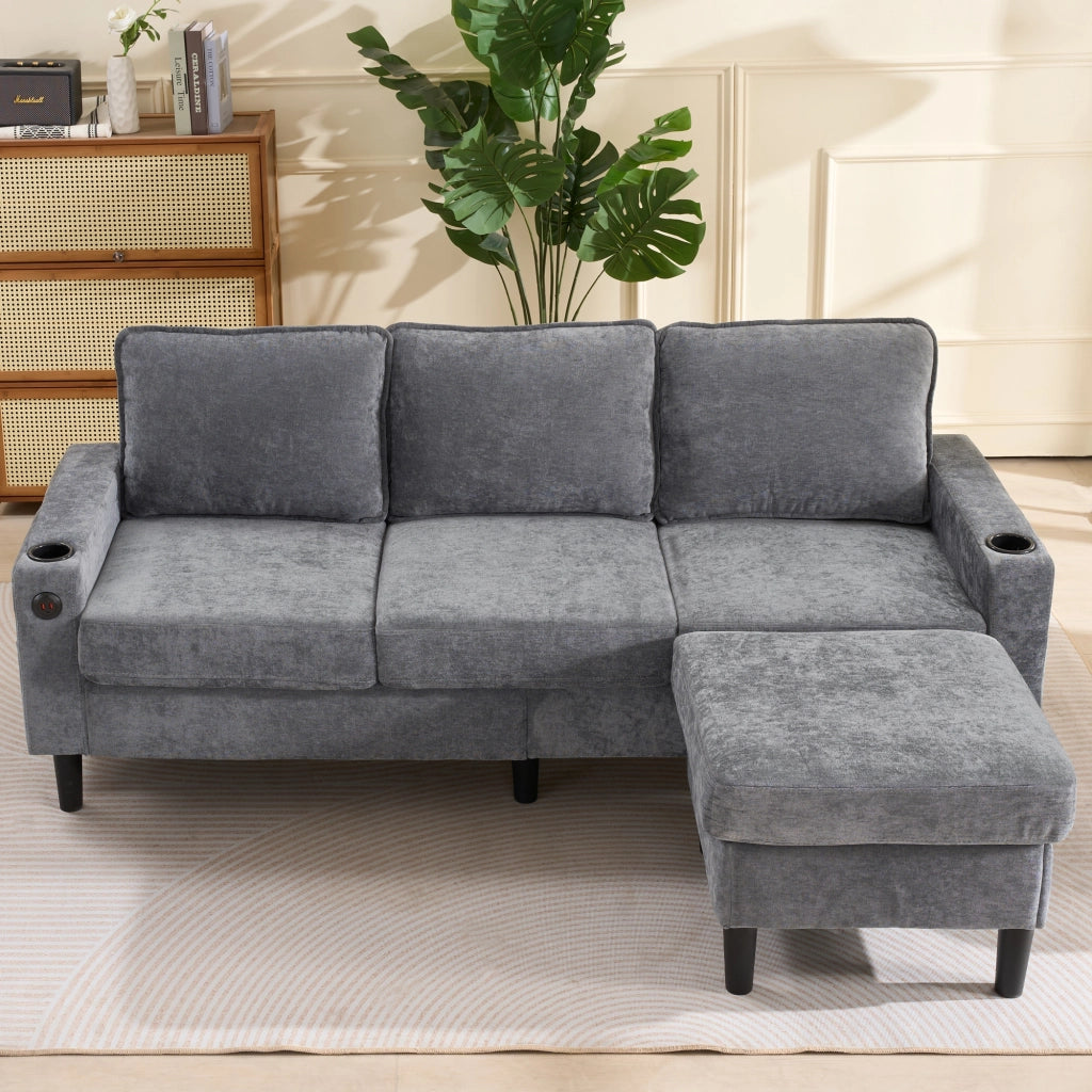 Divano 3 Posti in Lino Grigio a L con Pouf e Porte USB