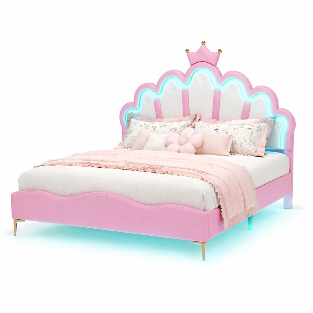 Letto doppio con testiera a corona e illuminazione LED rosa