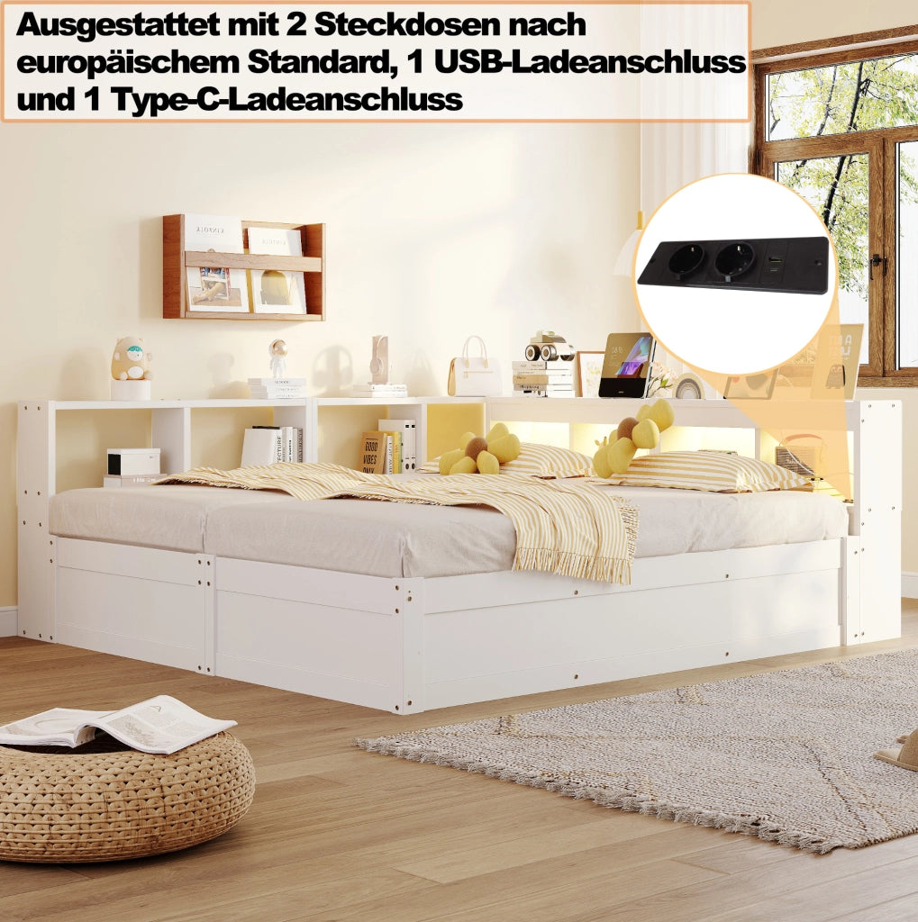 Letto modulare 90/180x200 cm con contenitore idraulico; LED e prese integrate; bianco