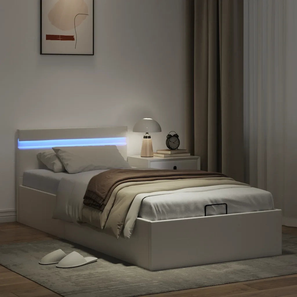 Giroletto Contenitore Idraulico LED-Struttura Letto Bianco Similpelle 90x200 cm