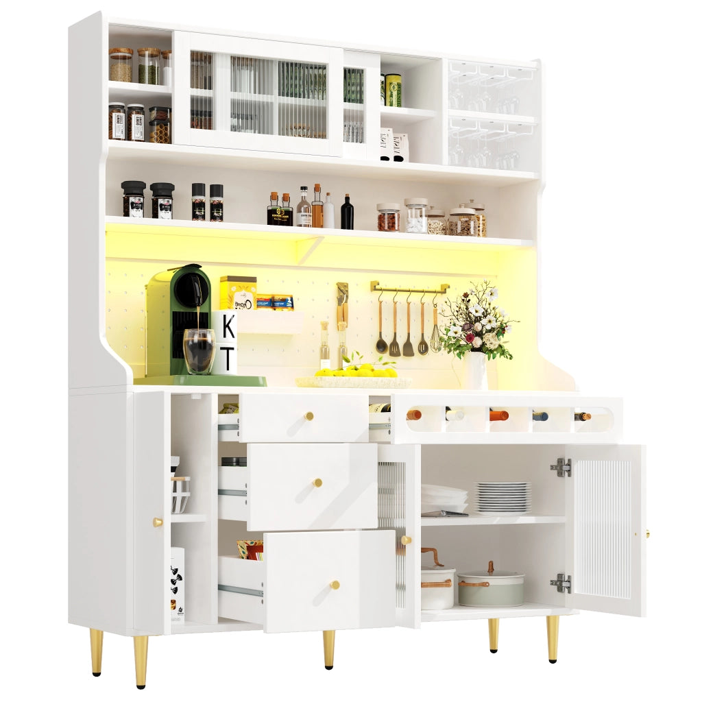 Credenza Alta da Cucina con Ante Scorrevoli in Vetro; Cassetto; Ripiani Regolabili; LED; Portabicchieri; Bianco 145x39x171 cm