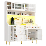 Credenza Alta da Cucina con Ante Scorrevoli in Vetro; Cassetto; Ripiani Regolabili; LED; Portabicchieri; Bianco 145x39x171 cm