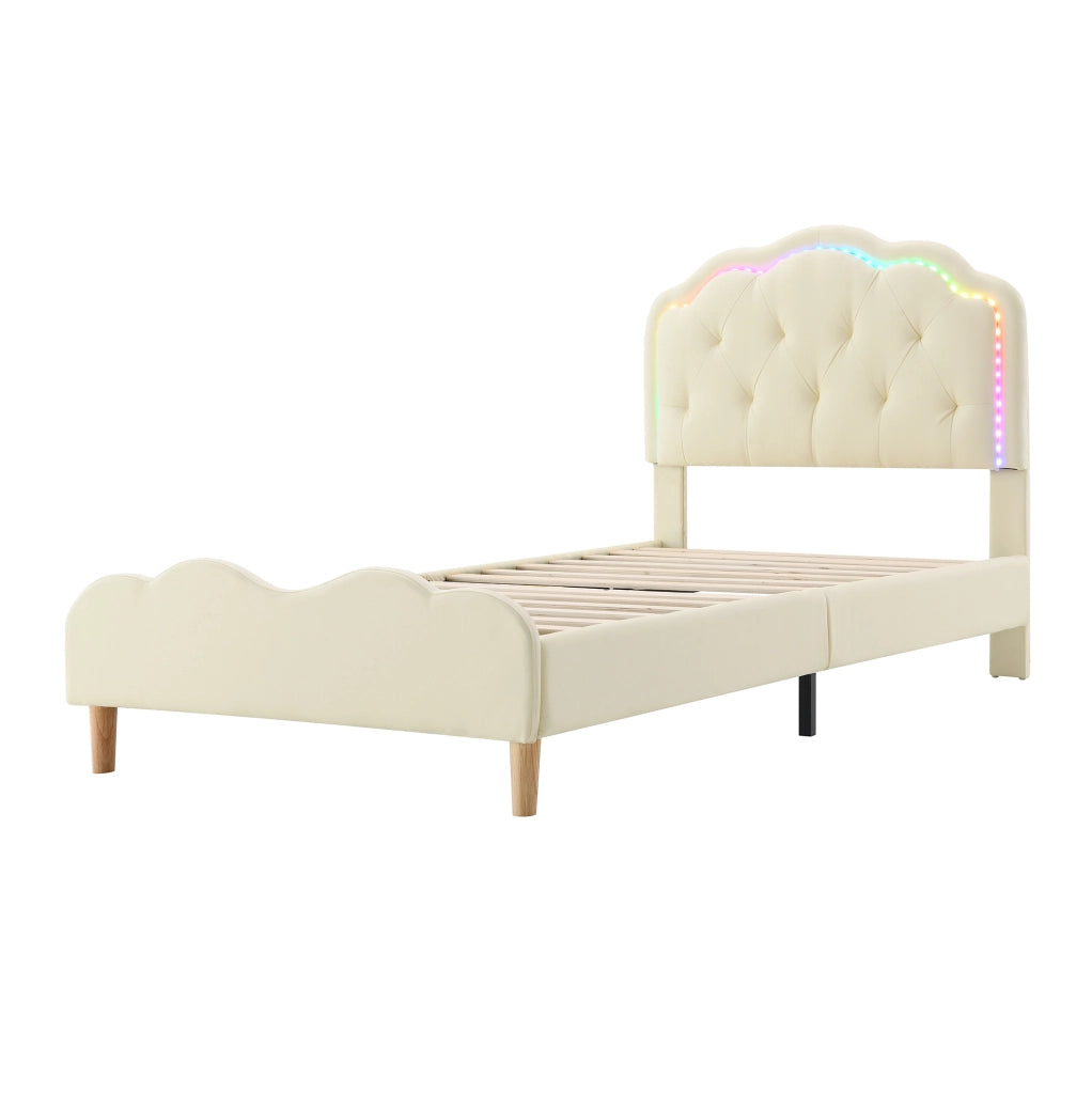 Letto imbottito 90x200 cm con testiera ondulata e LED multicolore in PU beige