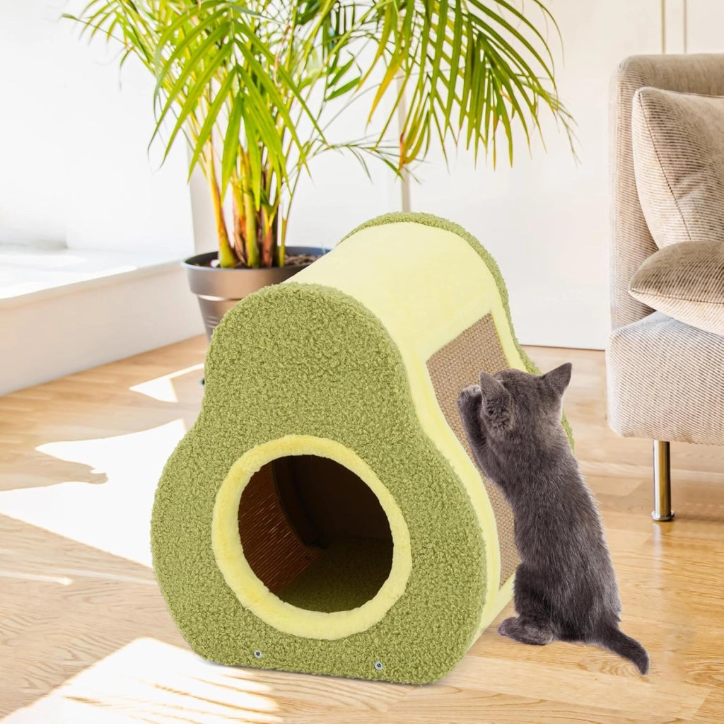 Cuccia per Gatti da Interno Forma di Avocado, Casetta per Gatti Morbida con Tessuto Delicato e Parete di Bambù, Nido per Gatti con Tavola di Juta all’Esterno, 35 x 33 x 40 cm