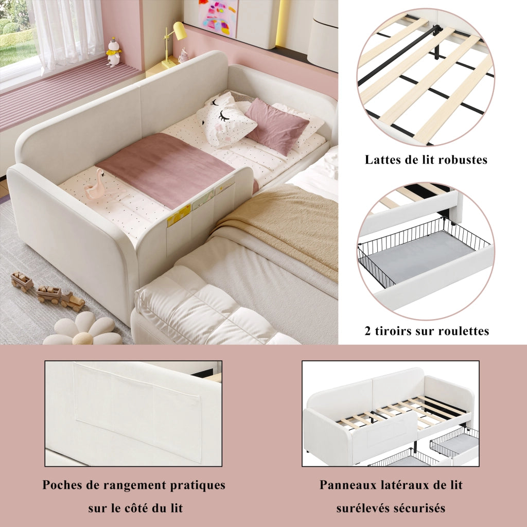 Letto affiancabile per bambini con 2 cassetti su ruote e 3 tasche; velluto bianco; 90x200 cm; senza materasso