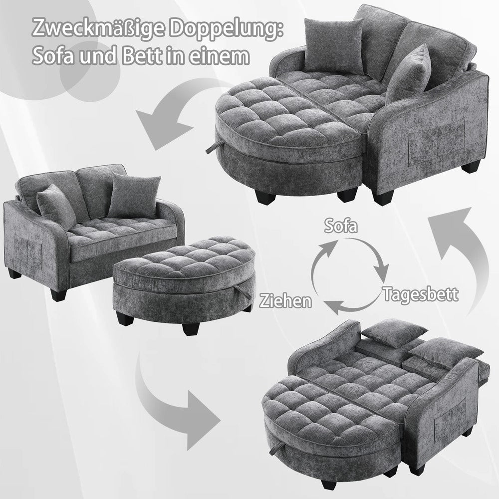 Divano letto 2 in 1 con pouf contenitore ¨C Minimal ¨C Grigio scuro tessuto legno eucalipto
