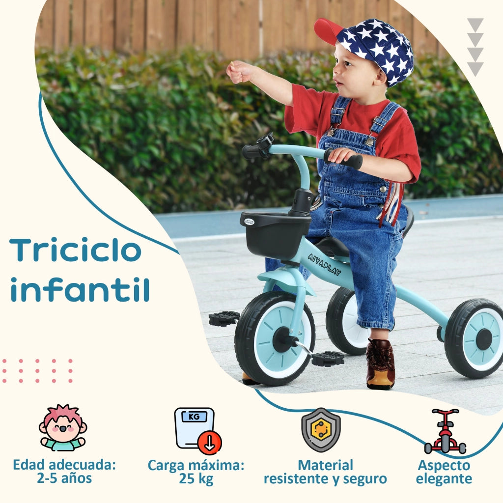 Triciclo Bambini 2-5 Anni con Cestino e Campanello ¨C zephmum ¨C 70.5x53x58 cm Blu