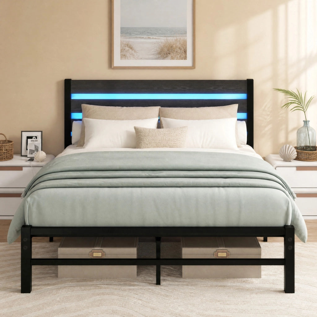 LETTO Matrimoniale 140x200 cm in MDF e Metallo Nero con LED