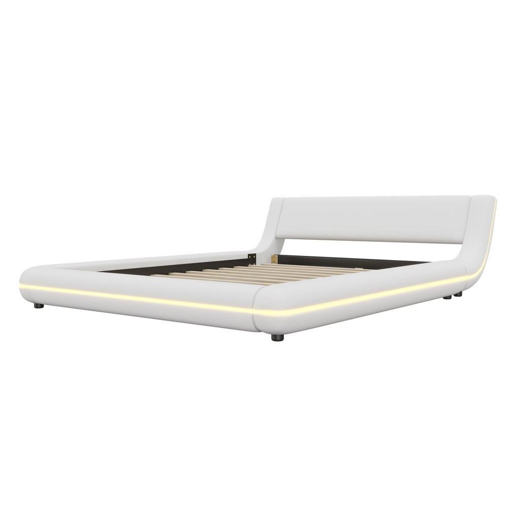 Letto basso 140x200 cm in PU bianco con LED ambienti, struttura in MDF