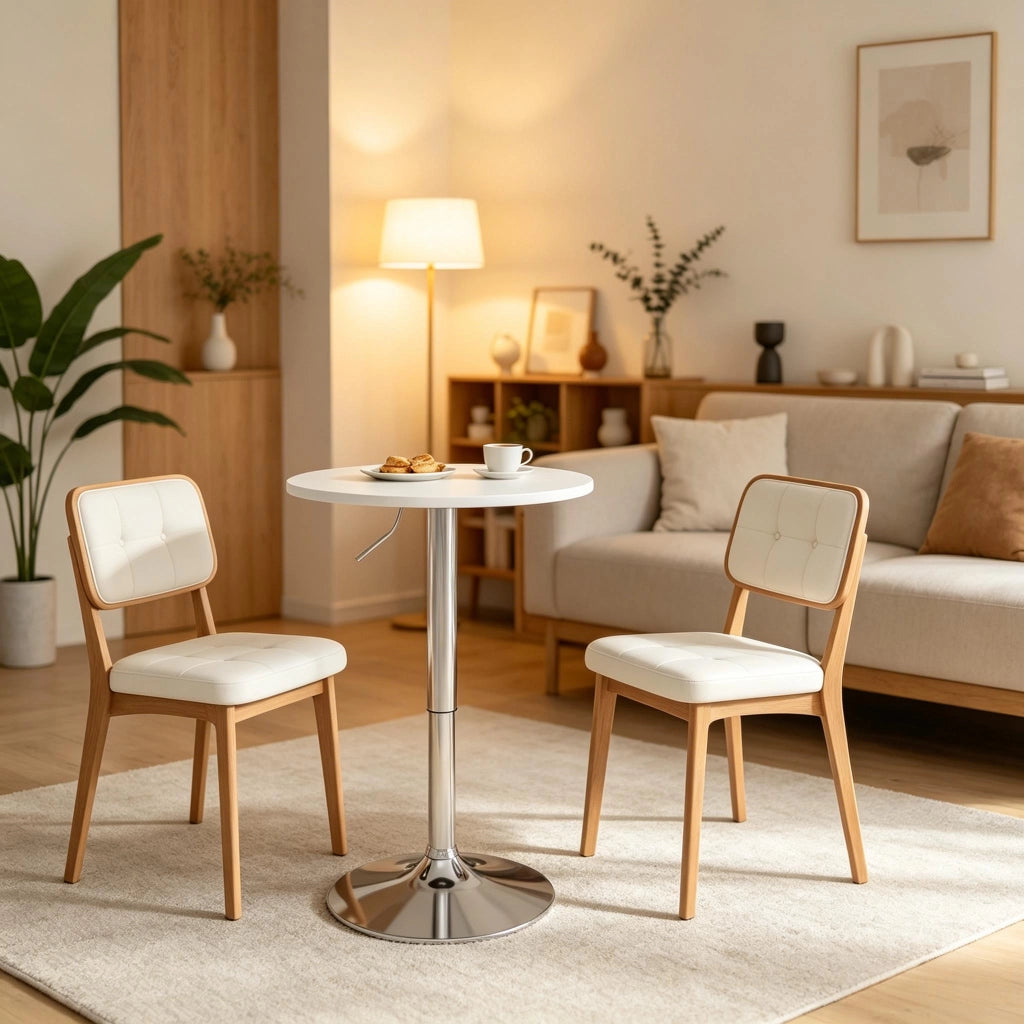 Tavolo da pranzo rotondo regolabile in altezza con piano in MDF e base cromata per cucina bianco diametro 60 cm