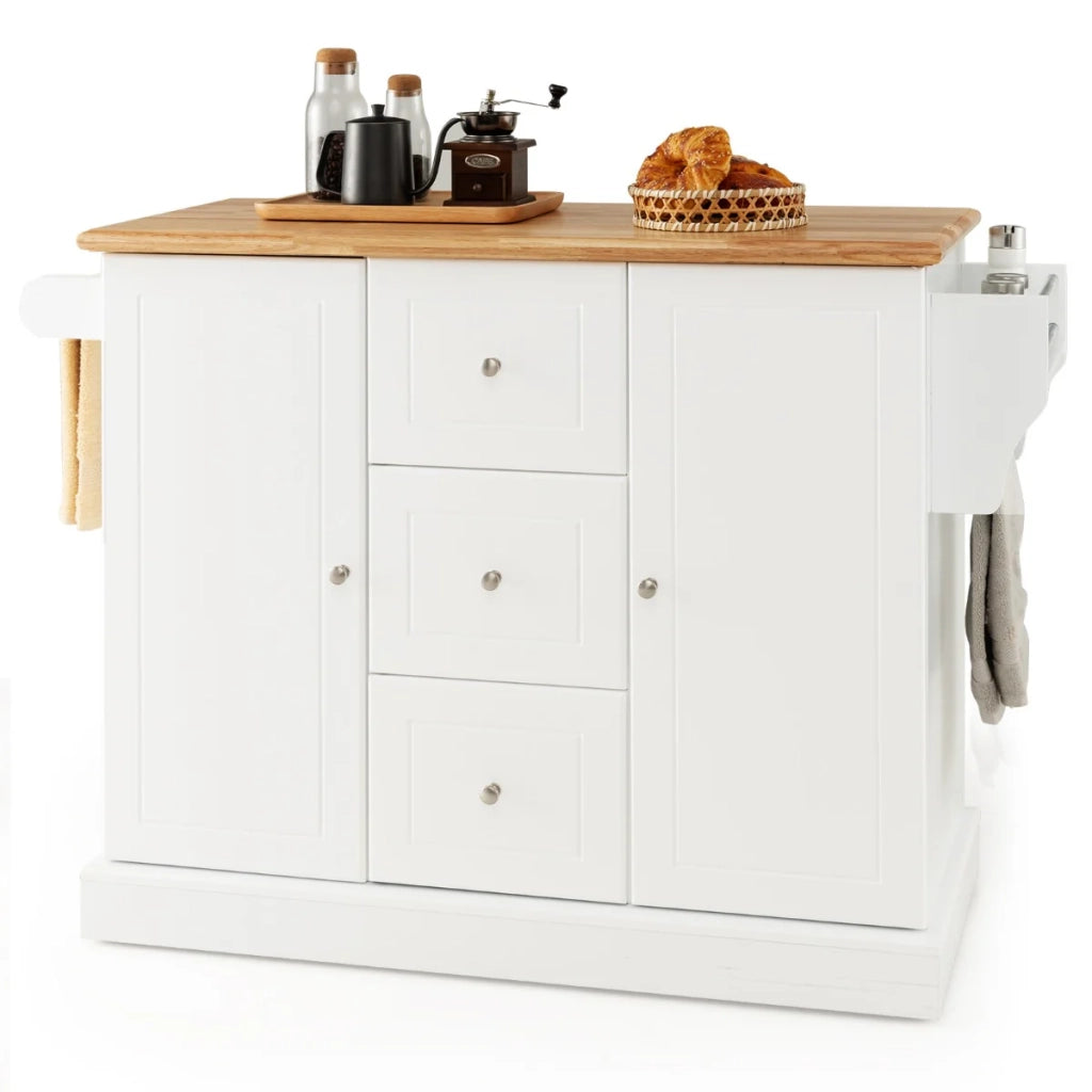 Carrello da cucina mobile con 5 ruote 127 x 46 x 91,5 cm spazio di stoccaggio ottimizzato design moderno in legno di caucciù bianco 20_0018822
