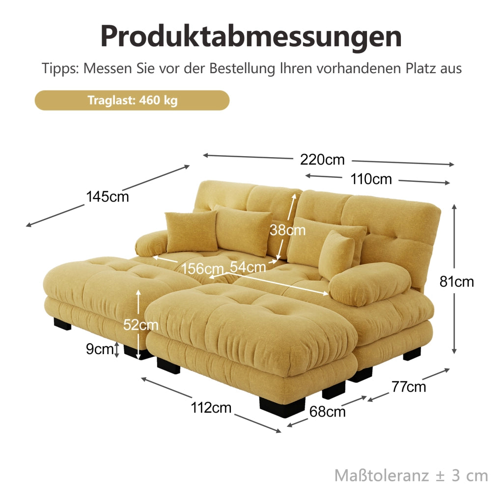 Divano modulare in ciniglia giallo con due pouf mobili e quattro cuscini per configurazioni angolari o lineari