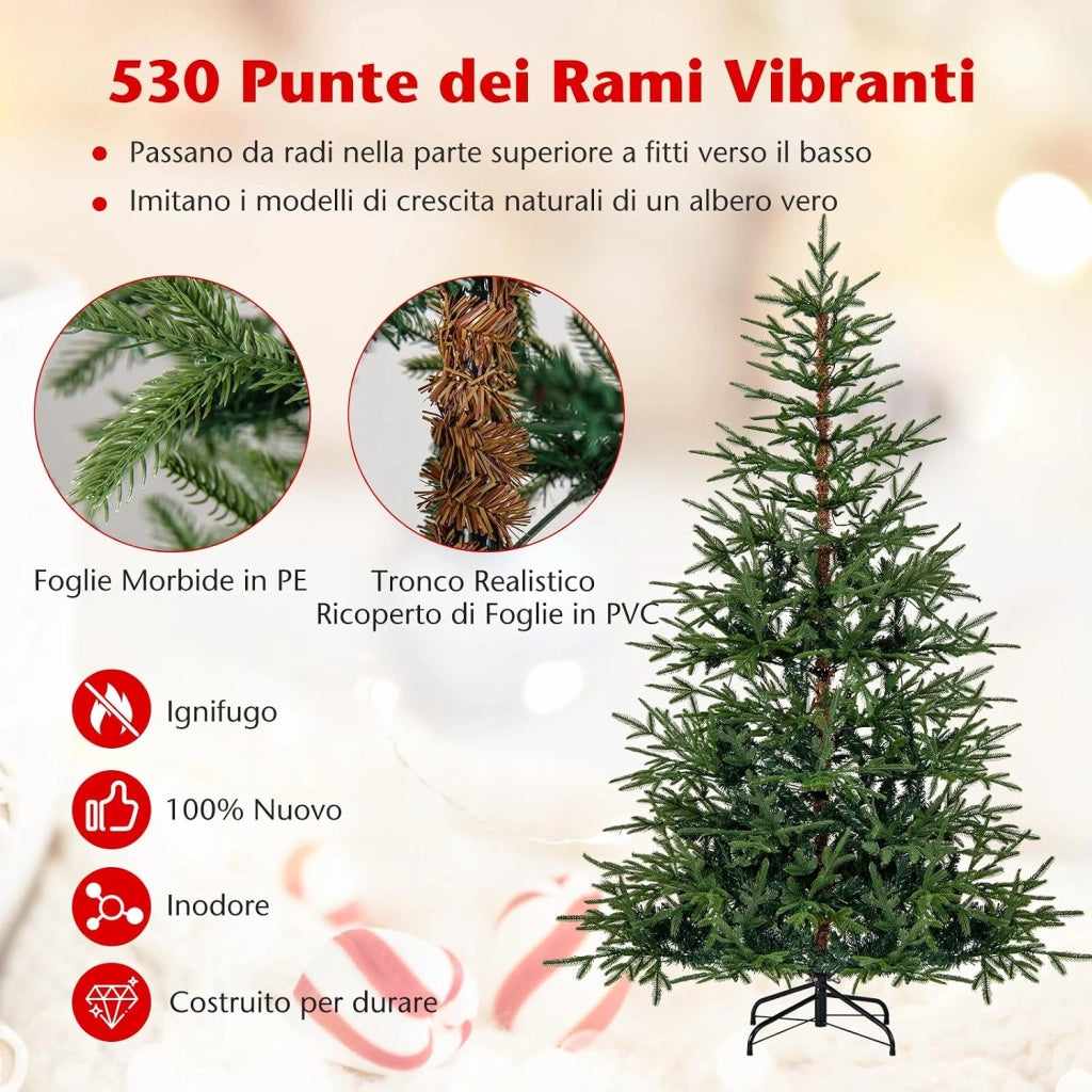 Albero di Natale Artificiale Pre-illuminato 180 cm, Albero di Natale con 250 Luci LED Calde e Multicolori, 11 Modalità, 530 Rami PVC e PE, Base Metallica Pieghevole (180 cm)