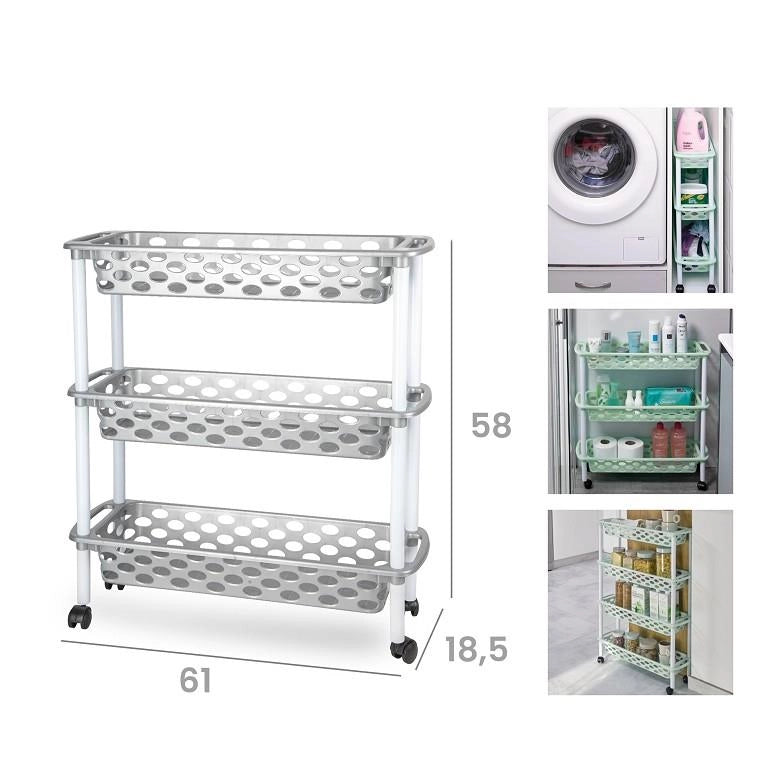 Carrello da Cucina Ripostiglio Slim Argento 3 Piani 58 x 61 x 18,5 cm