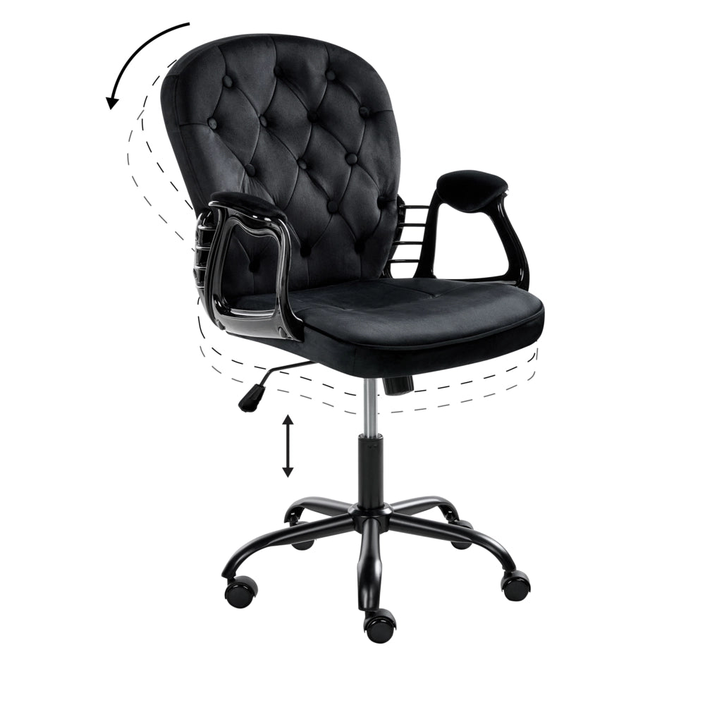 Sedia da ufficio in velluto nero con altezza regolabile e schienale trapuntato stile retrò moderno