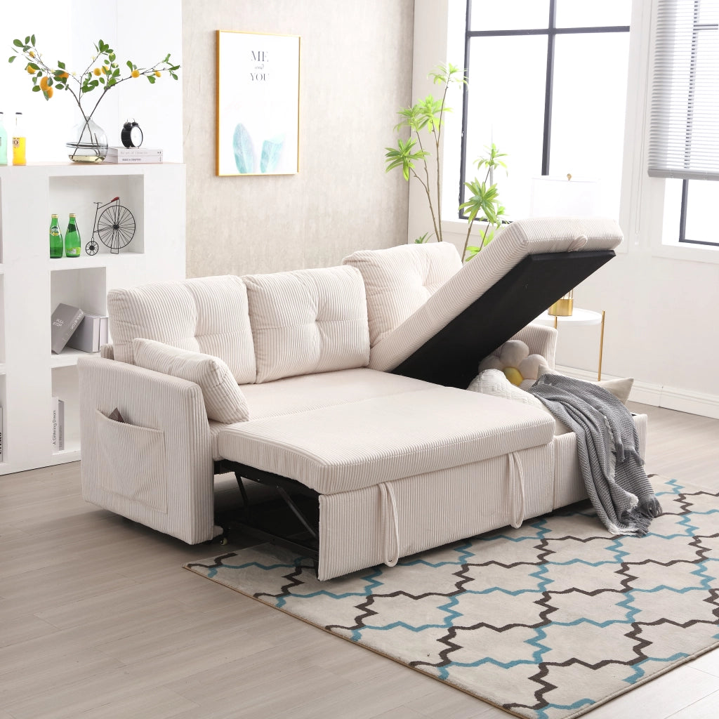 Divano letto angolare convertibile con contenitore, penisola reversibile e cuscini in corduroy beige 206 × 108 × 66-88 cm