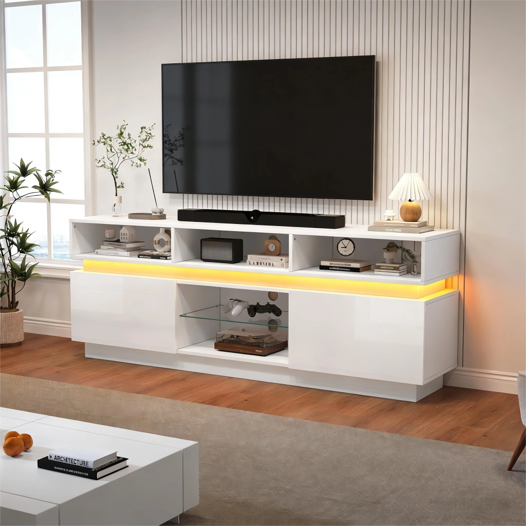Mobile porta TV LED in MDF e vetro temperato con 10 vani, fronti lucide, bianco 160 × 35 × 60 cm