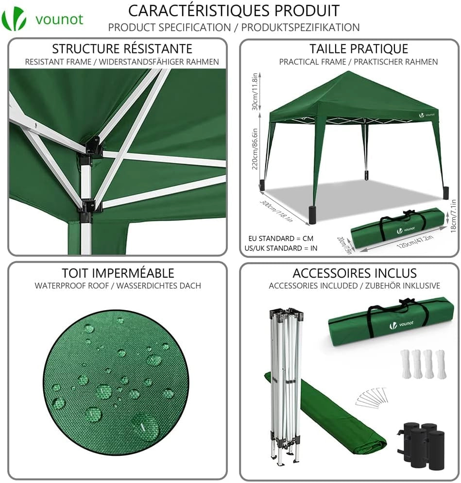Gazebo Pieghevole da Giardino 3x3 M, Mercato Tenda Pop up con 4 Sacchi di Sabbia di Peso e Sacca di Trasporto, Verde