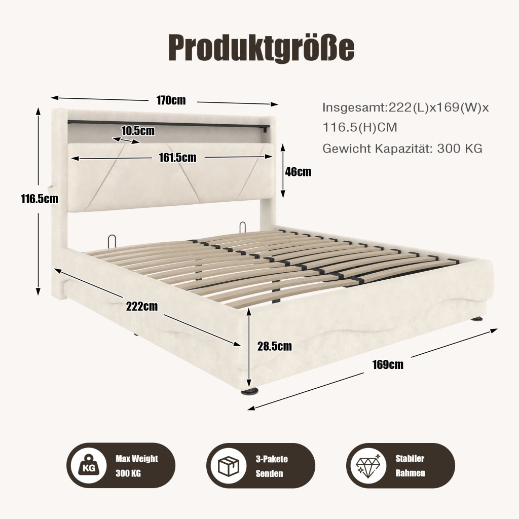 LETTO Contenitore 160x200 cm in velluto beige con LED, USB e tasche laterali