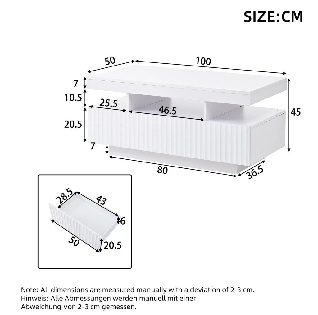 Tavolino da caffè bianco con 2 cassetti e LED, 100x50x45 cm
