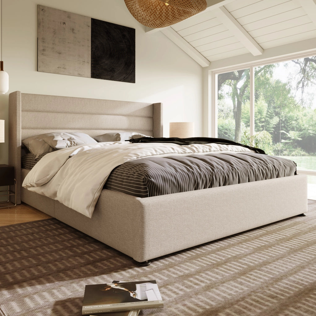 Letto matrimoniale imbottito 160x200 cm con contenitore e apertura idraulica; lino beige