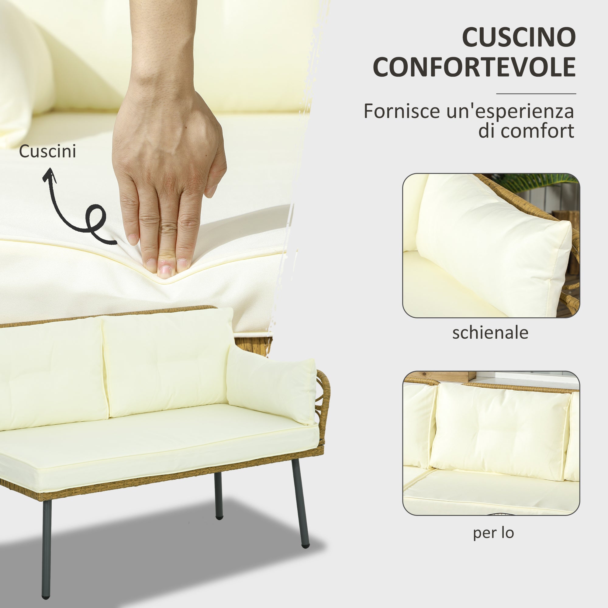 Salotto da Giardino Divano 2 Posti con Chaise Longue e Tavolino in Rattan PE Crema