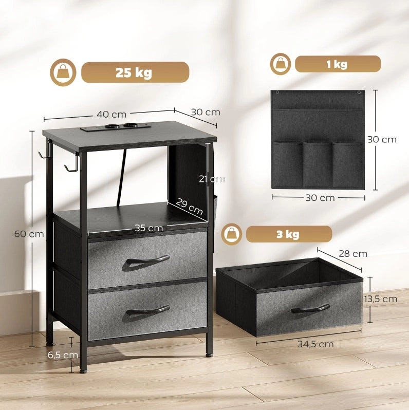 Tavolino da Divano con Prese AC; USB-A e USB-C; 2 Cassetti; 40x30x60 cm Nero