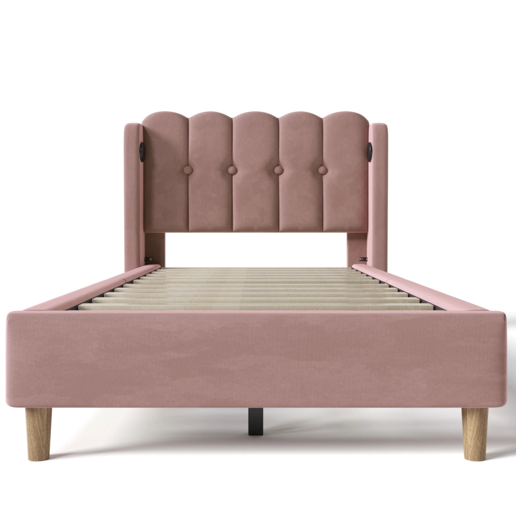 Letto imbottito 90x200 cm con ricarica USB e Type-C; velluto rosa (Senza materasso)