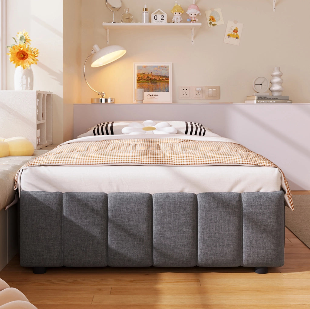 Letto singolo imbottito 90x200 cm grigio con contenitore idraulico in lino e MDF