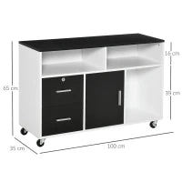 Mobile Porta Stampante con Cassetti, Mobiletto Multiuso per Ufficio e Casa, Nero e Bianco, 100x35x65cm