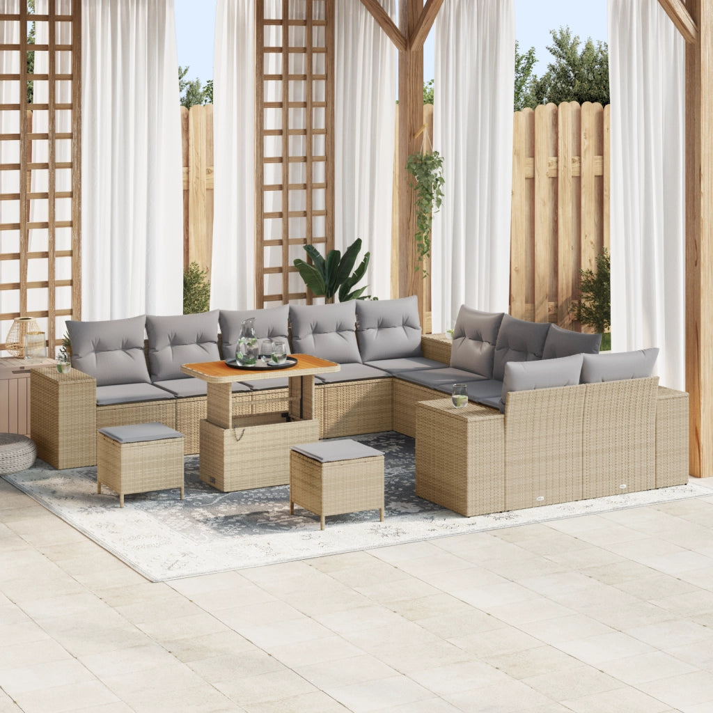 Set Divano da Giardino 13 Pezzi con Cuscini Beige in Polyrattan Acacia