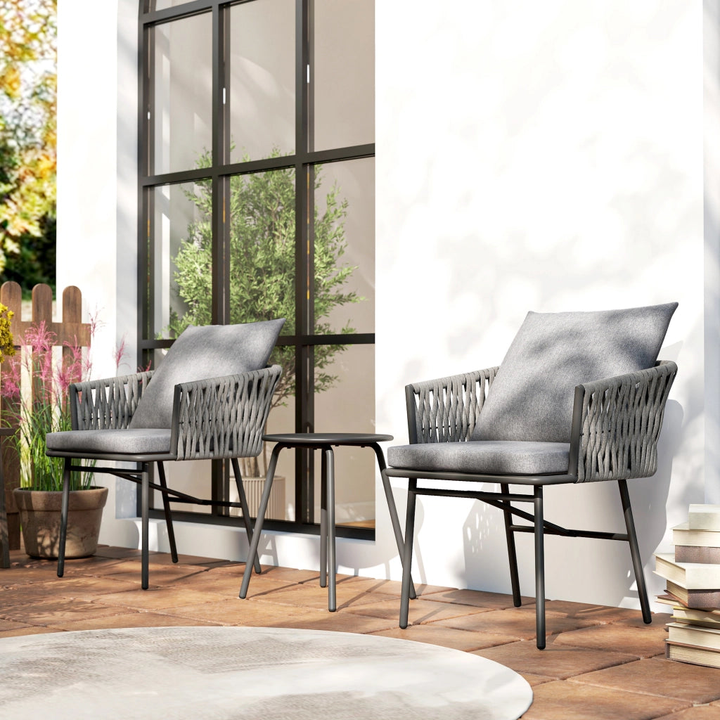 Mobili da giardino da esterno a 3 pezzi: 2 poltrone + tavolo; rattan sintetico; telaio in acciaio; 4 cuscini; grigio