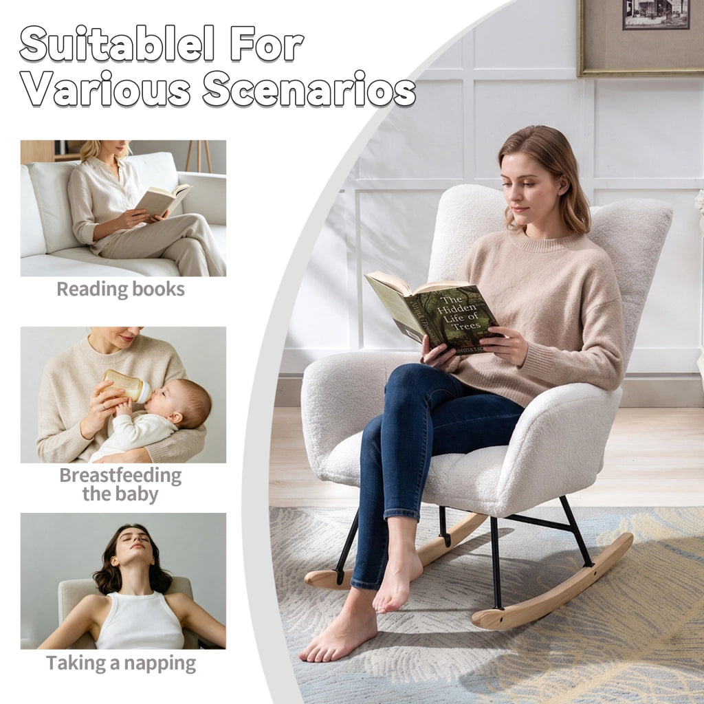 Poltrona a dondolo in tessuto teddy con schienale ergonomico e base in legno, per soggiorno e cameretta, bianco