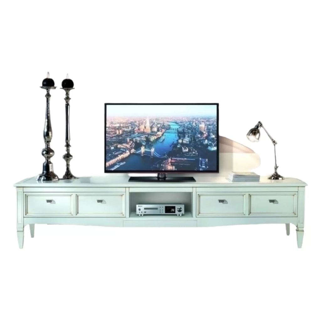 Porta tv 2 cassetti classico legno shabby bianco 220x50x51 - Mobili 2G