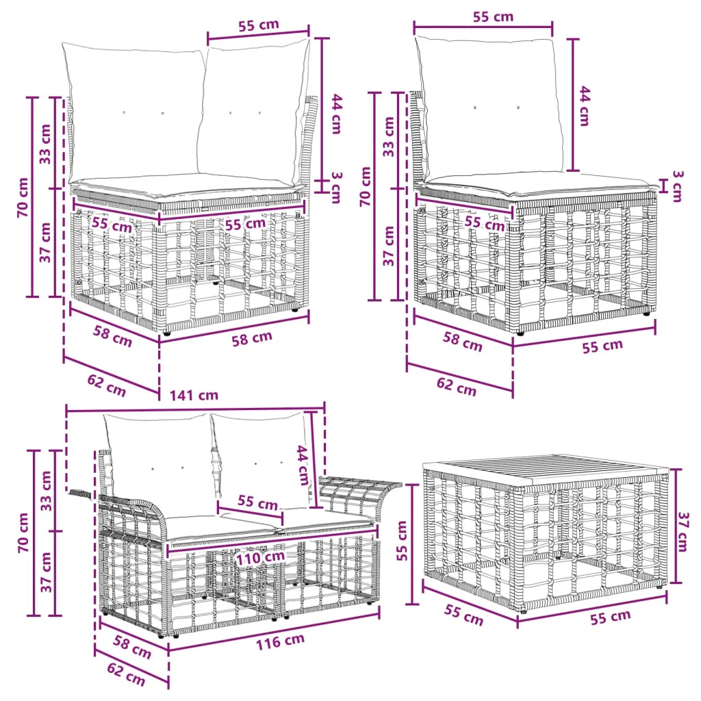 Set di divani da esterno 9 pz Nero e Grigio scuro polyrattan 3437653