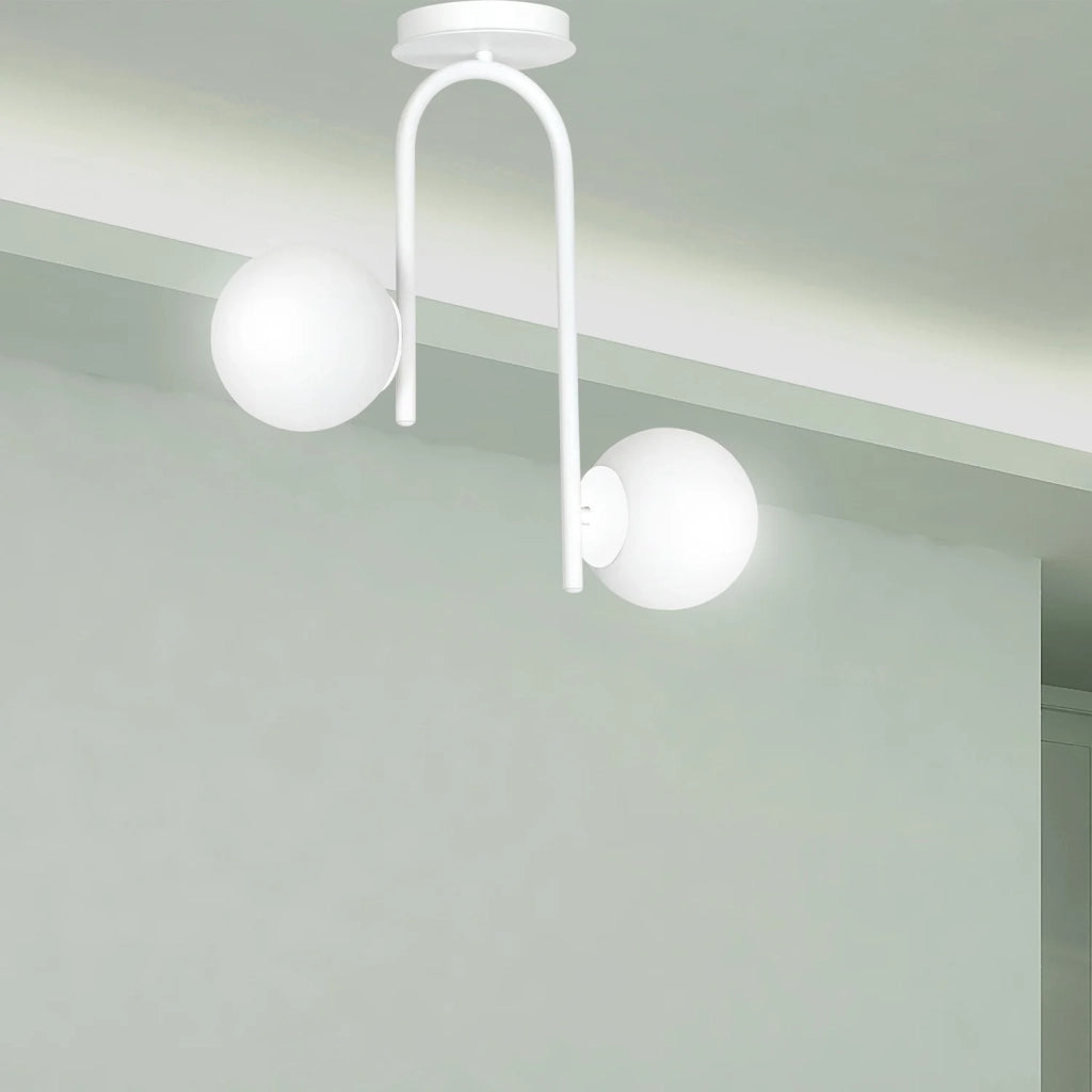 Lampadario 2 Luci Rama In Acciaio Bianco A Bracci E Sfere In Vetro Opalino