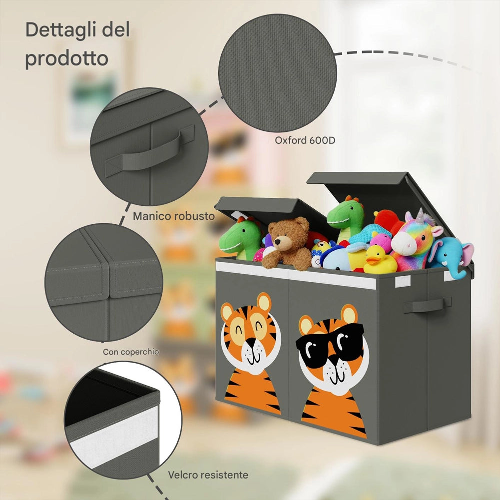 Box Contenitore Giocattoli con Animali Doppio Pieghevole 80L Grigio Salvaspazio