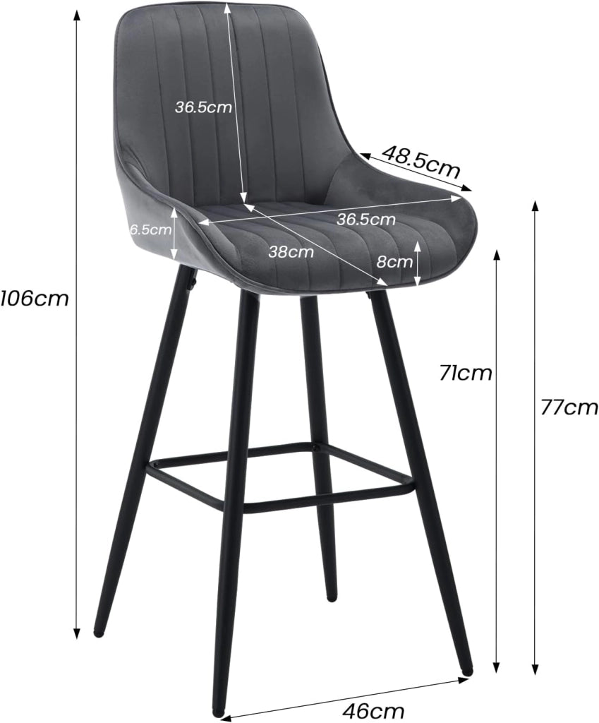 6 Sgabelli Alti da Bar con Schienale, Sedie Moderne con Poggiapiedi Quadrato, Sedie in Velluto Ergonomiche per Bistrot, Altezza Sedile 71cm, Gmabe in Metallo, Grigio scuro, BH394dgr-6