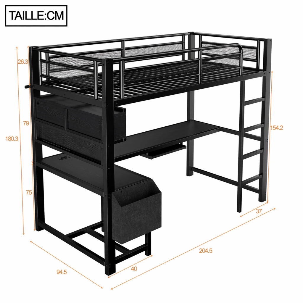 LETTO a soppalco 90x200 cm con scrivania, LED, prese USB, nero