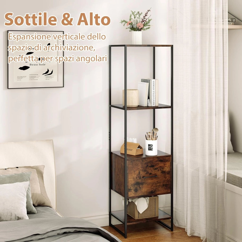 Libreria a 5 Ripiani con Cassetto, Scaffale di Stoccaggio con Struttura in Metallo e Kit Antiribaltamento, Unità Espositiva Autoportante per Camera da Letto Soggiorno, 45x35x160 cm (Marrone)