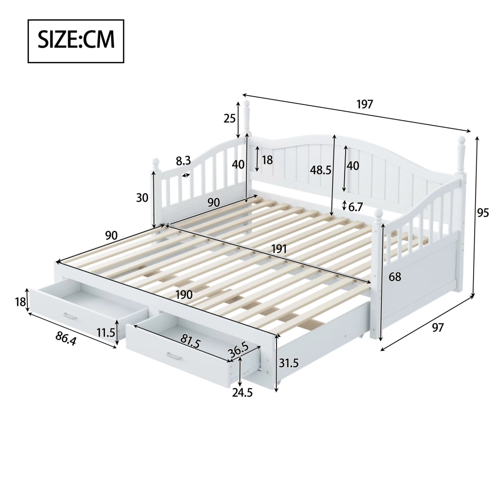 DIVANO LETTO Estraibile 90/180x190 cm Legno Bianco