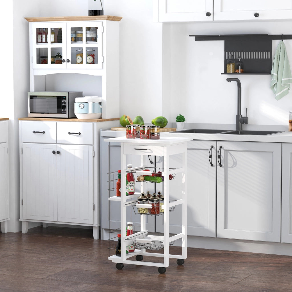 Carrello da cucina con ruote e 3 cestelli ¨C zephmum ¨C metallo, legno di pino, bianco