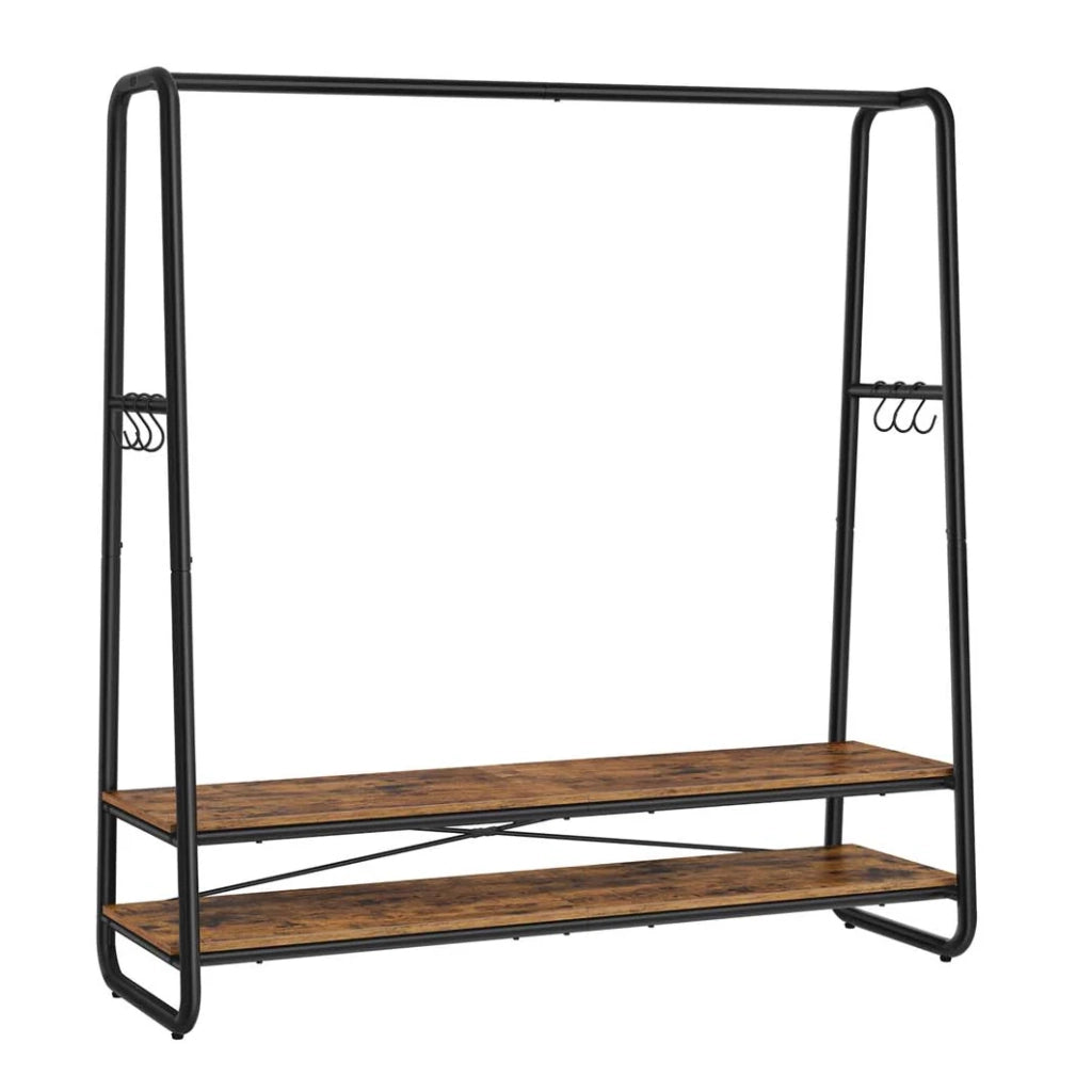 Appendiabiti industriale robusto appendiabiti con 2 ripiani 6 ganci a S struttura in acciaio per camera da letto stile industriale marrone rustico e nero 12_0006996